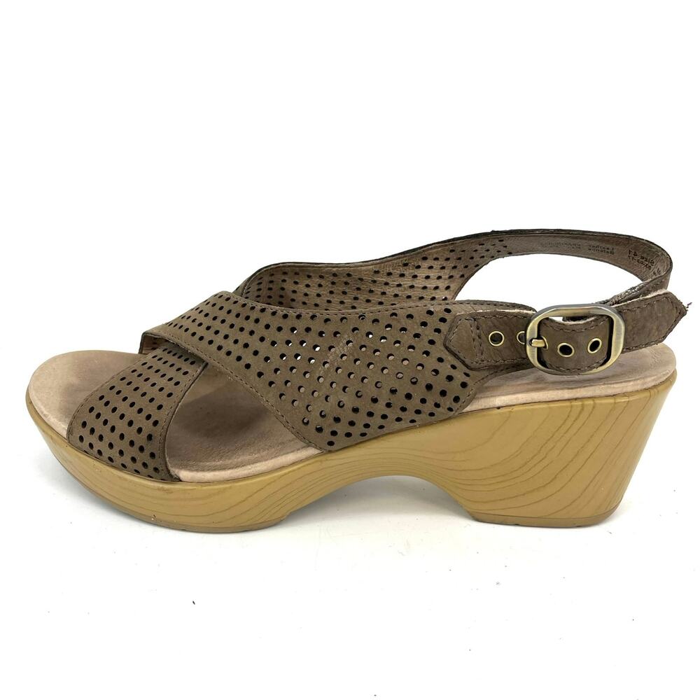Dansko Women's 41/US10.5 Jacinda Wedge Heel Taupe Suede Comfort Open Toe Sandal